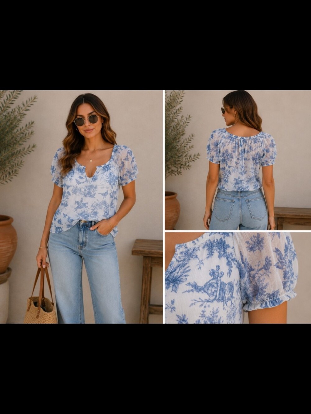 Princess Vera Wang ~ Blue & White Sheer Boho Western Print Peasant Top (L)